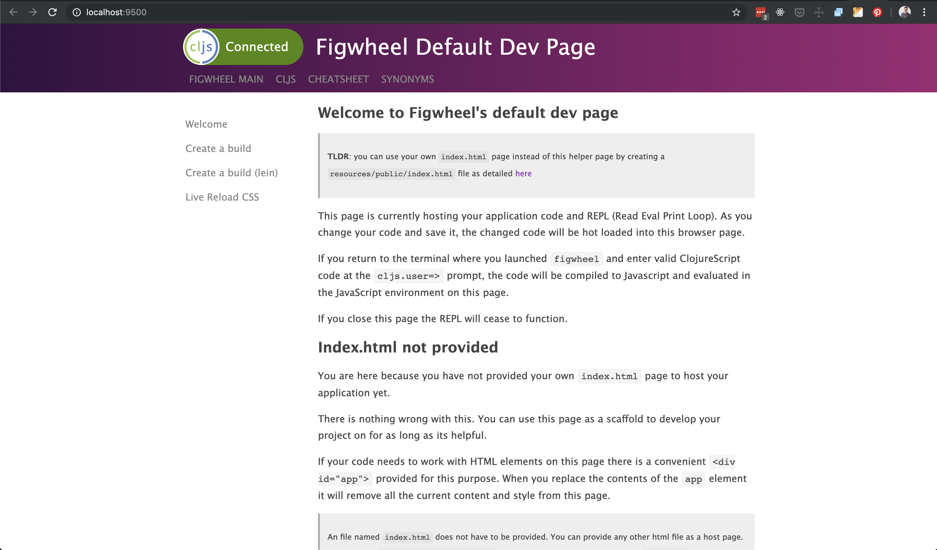 screenshot of figwheel landing page